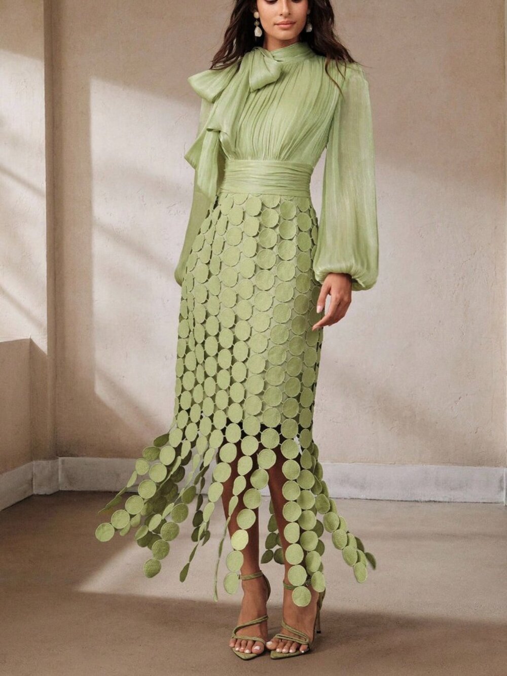 Green Elegant Women's Tie Knot Asymmetrical Long Fitted Dress